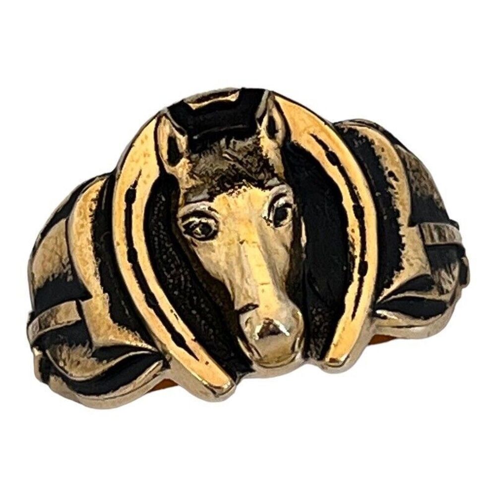 Vintage 1970s Ring Size 12 Clark Coombs Horse Horseshoe Figural Gold Plate - 14P
